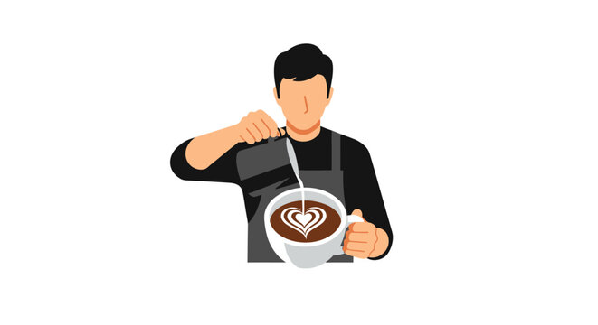Professional Barista Pouring Milk to Create Heart Latte Art, Minimalist Flat Vector Illustration Isolated on White Background