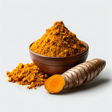 Turmeric powder in a bowl with fresh turmeric root isolated on white background