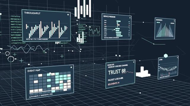 Moving camera revealing HUD cluster at 3D grid, updating TRUST 88 for live monitoring