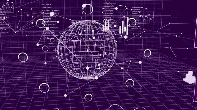 Moving camera bringing wireframe globe closer at purple grid, examining rings, nodes, HUD panels