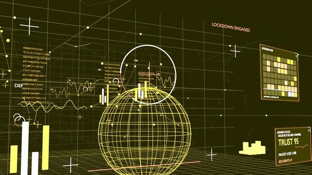 Scanning yellow wireframe sphere at grid HUD after  or  or  INTRUSION DETECTED, ring oscillating TRU