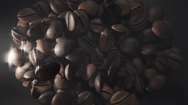 Shifting roasted beans rotating and drifting after pause in studio, big bean passing, left flare