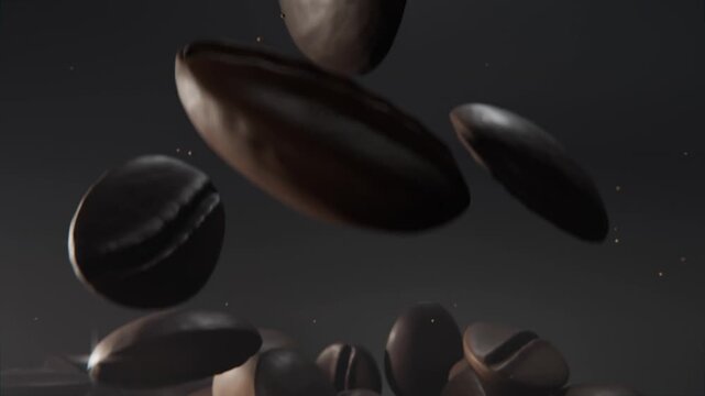 Camera pulling, roasted coffee beans lifting and rotating in studio, top light grazing specks