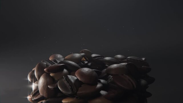 Falling roasted coffee beans bouncing, forming compact mound on reflective tabletop with spot dust