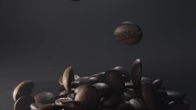 Falling whole roasted coffee beans building pile on dark gray backdrop, dust drifting and glinting