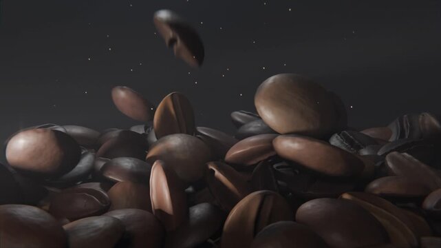 Pouring off-frame roasted coffee beans landing on pile in studio product set, showing particles