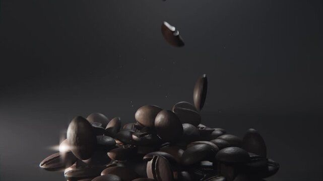 Falling roasted coffee beans entering frame rotating, hitting central pile at studio, building pile
