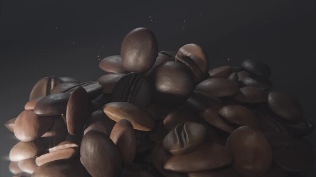 Falling beans landing on pile of roasted beans in studio set, building taller peak, raising dust