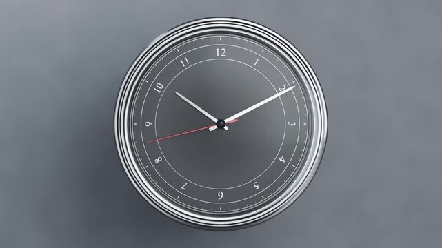 Moving camera centering round clock on matte grey wall, red second sweeping, silver hands advancing