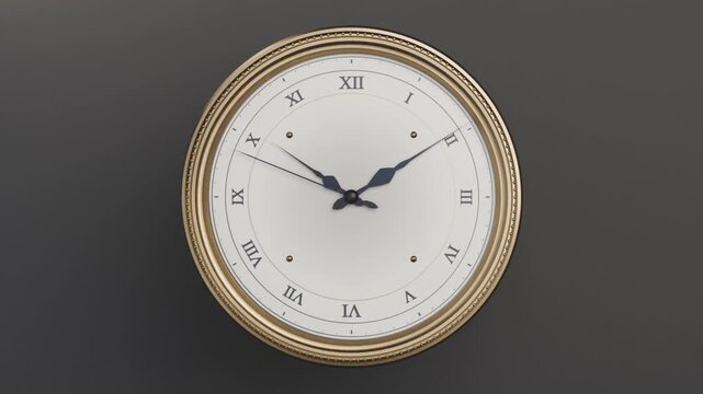 Camera zooming, analog clock with gold rim filling frame on dark wall, hands moving, showing time