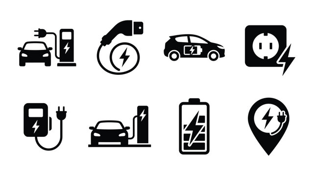 Electric Car Charging Icons Set: EV Charger, Battery, Plug, Outlet