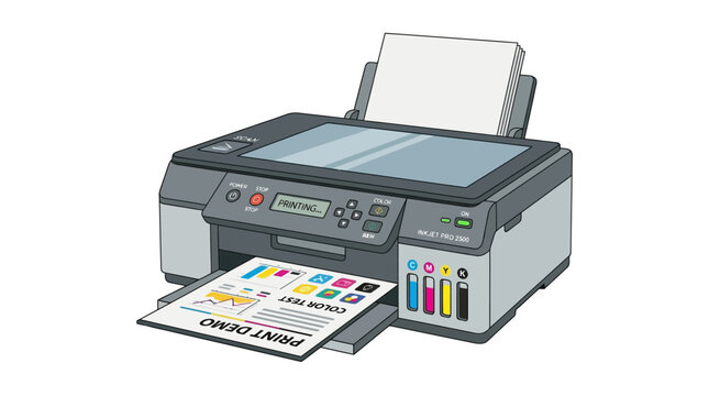 Colorful office printer, printing colorful test page, gray and black inkjet printer, modern desktop printer isolated on White Background