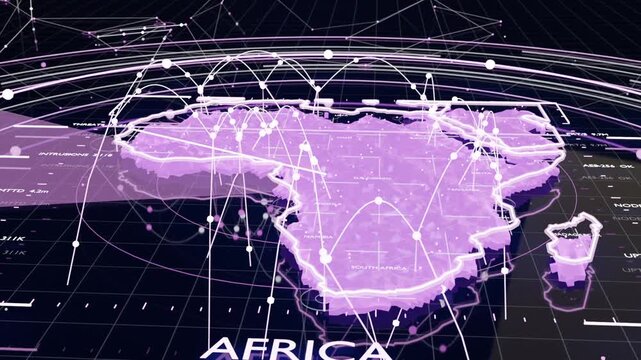 Sweeping radar driving holo AFRICA CYBER-DEFENCE GRID on dark plane, arcing links and node pulsing
