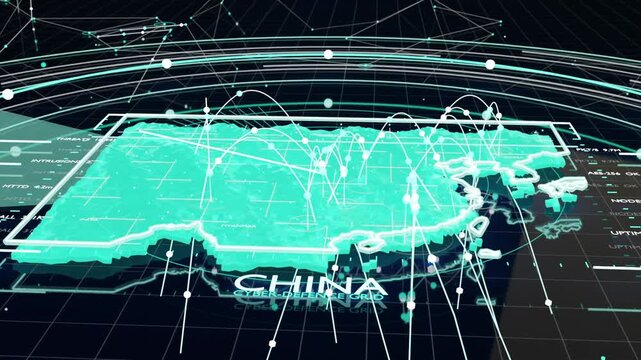 Scanning cyan 3D China map showing radar wedge sweeping from right, monitoring network links, rings