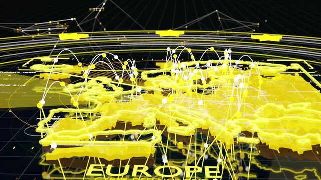 Animating yellow EUROPE map, nodes appearing and forming arcs, showing data flow in studio HUDring
