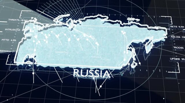 Scanning Russia map at cyber UI with radar beam lighting nodes and animating links for monitoring