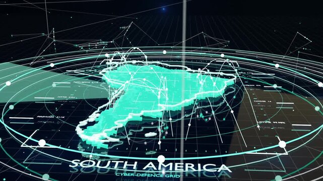 Radar sweep starting 3D South America holo map scanning grid to monitor networks with arcs, nodes