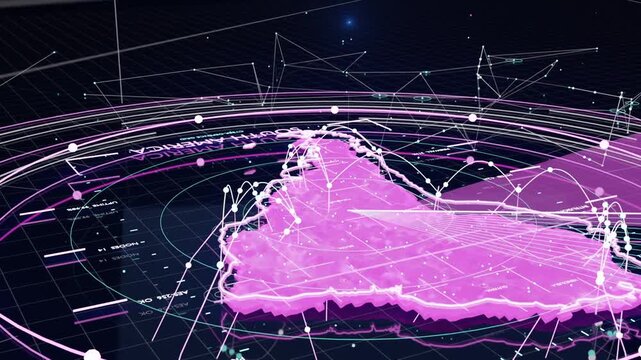 Camera rotation starting, rotating 3D magenta map of South America visualizing node arcs on HUD