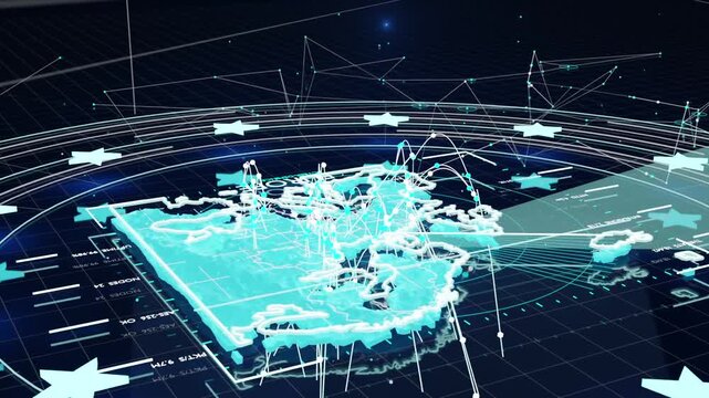 Animating cyan holographic 3D map of Europe after data feed start, pulsing nodes and arced trails