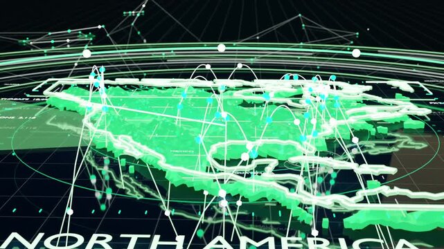 Holo dashboard projecting 3D map labeled NORTH AMERICA on dark plane, sector sweeping starting arcs