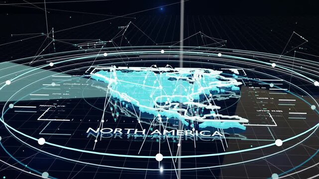 Rotating cyan 3D map of North America showing pulsing nodes as sector sweep scanning interface