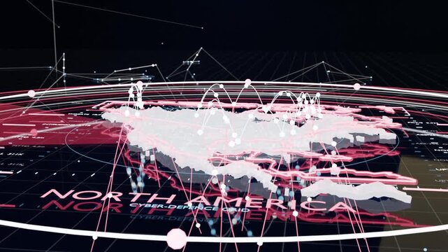 Orbiting 3D NORTH AMERICA map labeled cyber grid responding to ring scan at console, pulsing nodes
