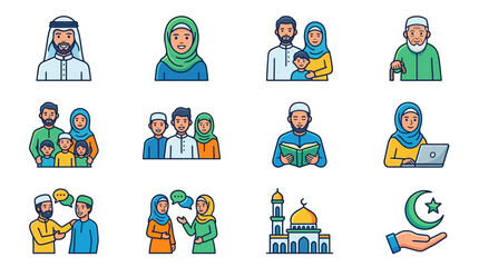 Fototapeta premium Modern Muslim Community Icon Pack with Vibrant Character Designs Featuring Diverse Cultural Elements and Contemporary Art Style for Digital Media and Branding Projects