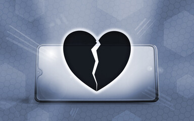 Fototapeta premium Representación 3D de un teléfono inteligente con un corazón roto en la pantalla, simbolizando el desamor digital, rupturas sentimentales virtuales y relaciones modernas a larga distancia.