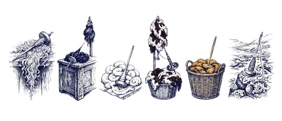 Vintage drop spindle wool spinning illustrations set showing historical handspinning tools, wooden distaff, raw roving, fleece fiber in baskets, sketch engraving style drawings for traditional crafts. © Dinali