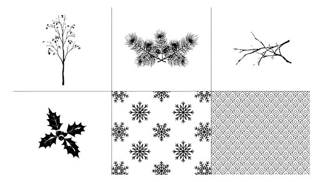 Minimalist winter botanical element collection with pine branches holly leaves snowflakes and rustic birch tree silhouettes on transparent background set.