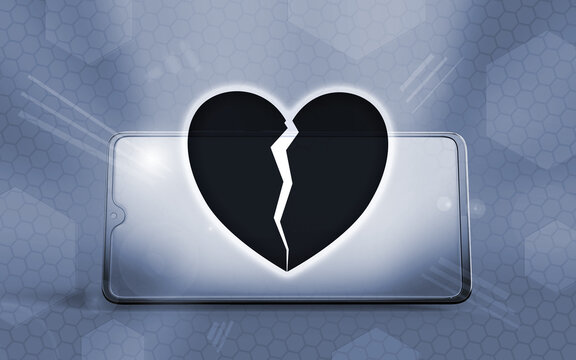 Representaci&oacute;n 3D de un tel&eacute;fono inteligente con un coraz&oacute;n roto en la pantalla, simbolizando el desamor digital, rupturas sentimentales virtuales y relaciones modernas a larga distancia.