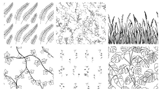 Elegant botanical seamless pattern set featuring ivy vines fern leaves wild grass fields and monstera foliage sketches on transparent background vector art.