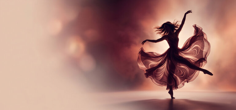 Silhouette of a Woman Dancing Gracefully in a Flowing Dress with Dramatic Lighting