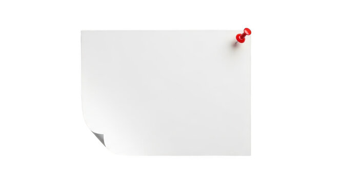 Blank white paper note pinned with a red push pin isolated on transparent background