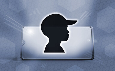 Ilustración tridimensional de un teléfono inteligente moderno que muestra la silueta negra de un niño con gorra, simbolizando la identidad digital infantil y la seguridad en línea actual.