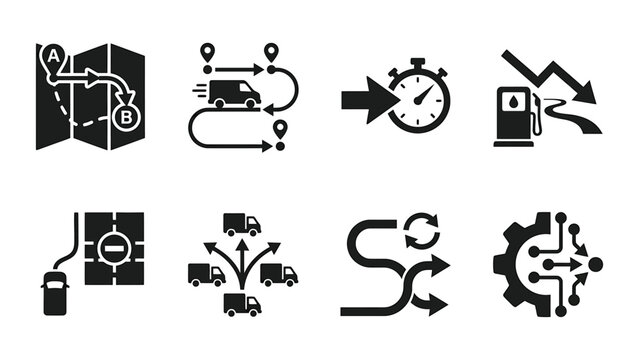Logistics and Delivery Icons: Route, Truck, Stopwatch, Efficiency, Navigation