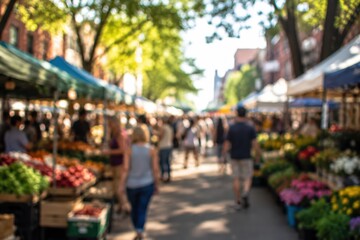 Obraz premium Blurred farmers market background bokeh outdoor street shopping people walking stalls food flowers sunny day urban lifestyle