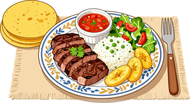 Delicious Latin American food, grilled steak plate, rice, salad, salsa, flatbread