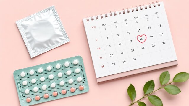Contraception and family planning concept with birth control pills, condom packet and a calendar date circled with a heart on a pink background