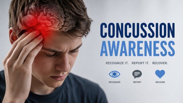 Teen holding his head with red-highlighted temple beside "Concussion Awareness" campaign text and icons urging recognize, report, recover