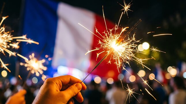 Happy bastille day on july 14th fireworks celebration with french flag