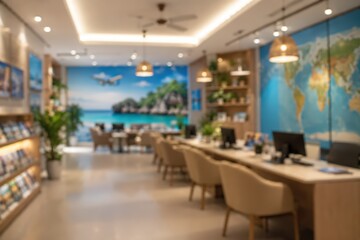Fototapeta premium Blurred travel agency office interior with world map beach mural desks chairs tourism vacation booking consulting space
