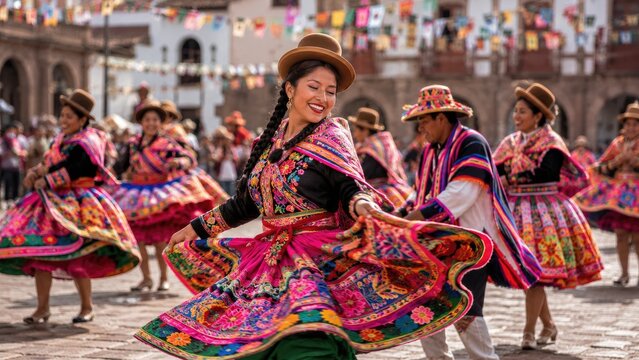Vibrant folkloric dancers in colorful embroidered skirts and bowler hats twirling in an outdoor cultural celebration