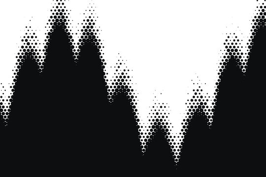 Halftone spike pattern with black and white pixelated mountain silhouette blackwhite