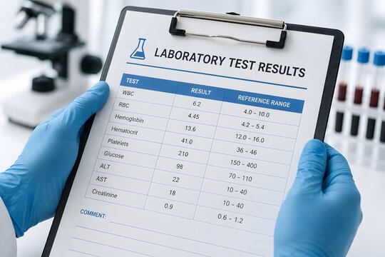 Doctor holding a clipboard with laboratory test results, showcasing the concept of medical diagnosis and healthcare.