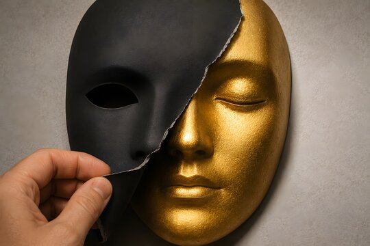 A hand peels back a black mask to reveal a golden face underneath, symbolizing duality and hidden truths.
