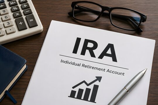 Individual Retirement Account (IRA) document with a calculator and glasses for financial planning.