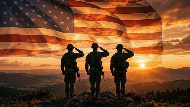 American flag waving proudly above three soldiers saluting at sunset. Patriotism, military service, national pride, freedom and Independence Day celebration concept.