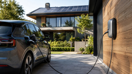 Fototapeta premium Electric car charging at a modern home with rooftop solar panels and a wall-mounted EV charger, set on a landscaped driveway