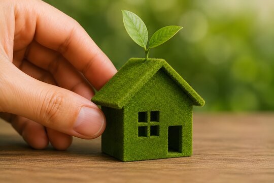 A hand holds a miniature green house with leaves sprouting from the roof, symbolizing eco-friendly living and sustainability.